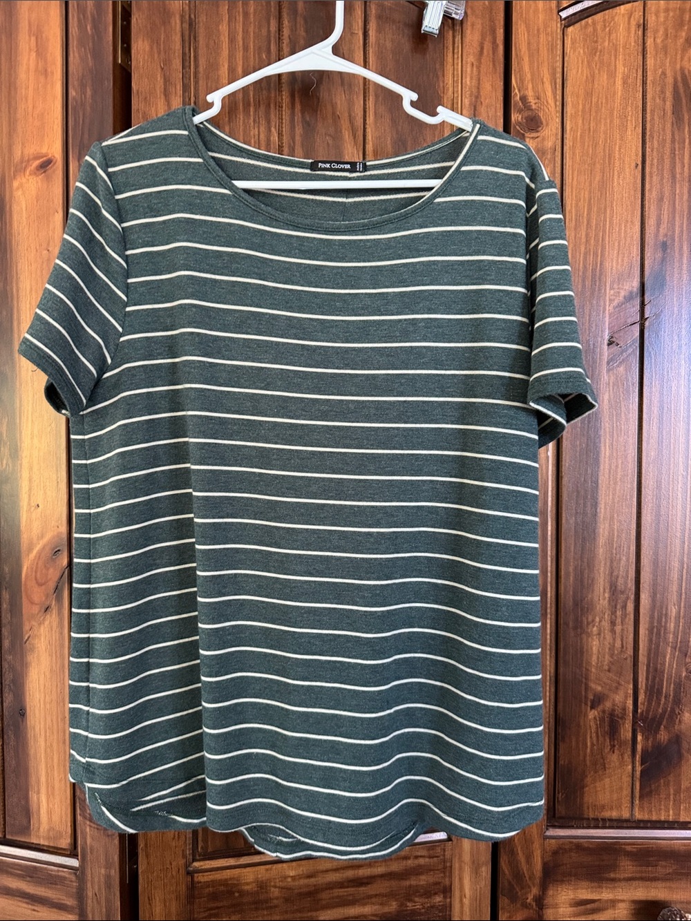 Pink Clover Dark Green and White Striped Short Sleeve Tee